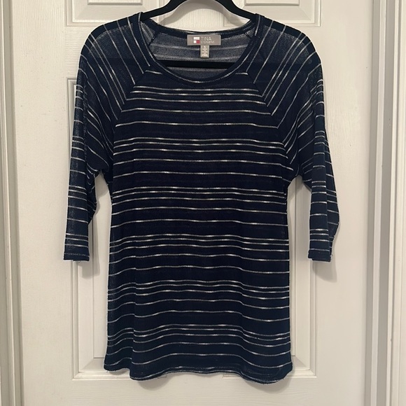 Tina stephens navy white stripe blouse lightweight medium - Picture 1 of 4